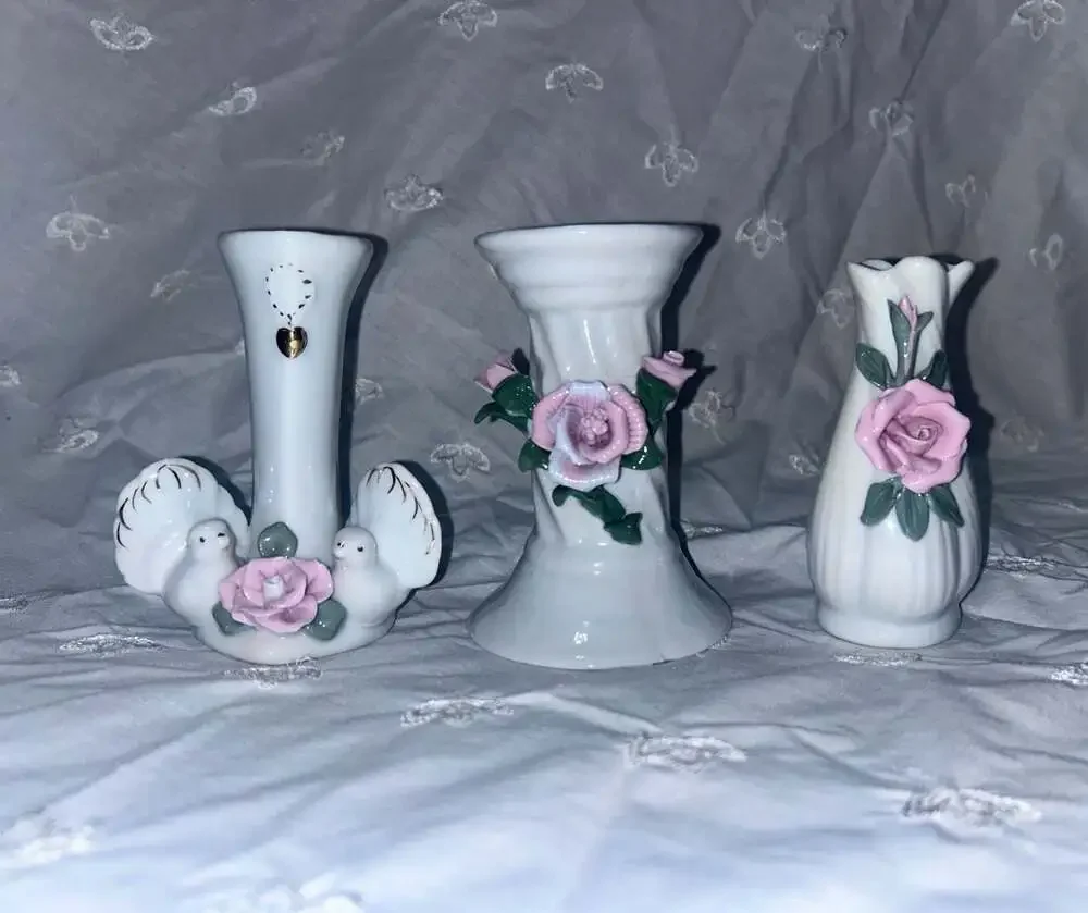 Vintage Porcelain Bud Vase with Applied Pink Rose and Doves Figurine